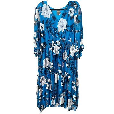 #ad Taylor Blue White Floral Midi Tiered Smocked Boho Dress Plus Size Woman 18W $35.00