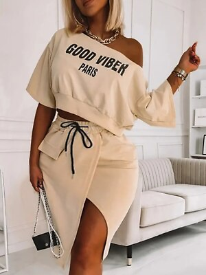 #ad Plus Size Two Piece Set Crop TopHigh Split Skirt Elegant Matching Outfits Wome $22.65