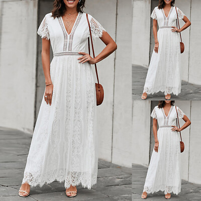 #ad Womens Lace Short Sleeve V Neck Long Maxi Dress Summer Beach Holiday Sundress US $50.09