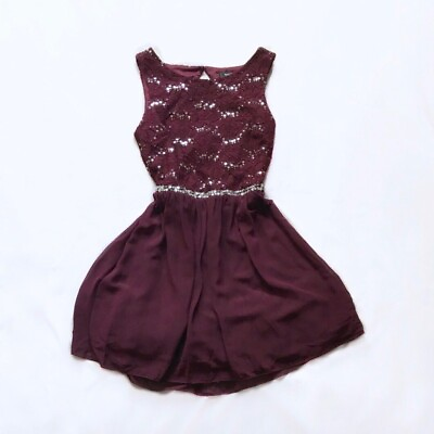 Speechless Burgundy Cocktail Fit Flare Lace Sequin Sleeveless Dress Size 5 $22.50