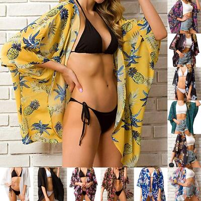 #ad Womens Plus Size Bikini Cover Up Tunic Tops Beach Chiffon Kimono Sleeve Blouse $10.49