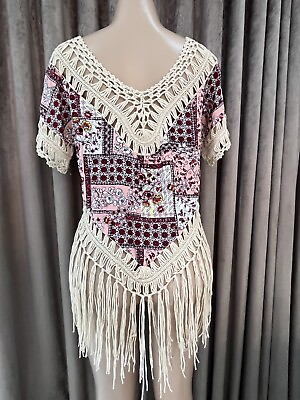 #ad Women Trim Crochet Floral Cover Up Sexy V Neck Beach Size S $5.00