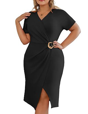#ad Hanna Nikole Women#x27;s Plus Size V Neck Short Sleeve Black Cocktail Dresses 16 ... $60.51