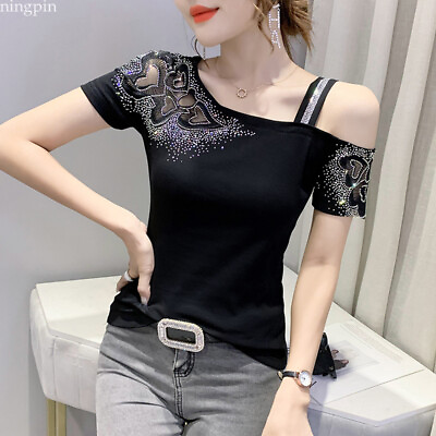 Western Women Rhinestone Cold Shoulder Summer Party Cocktail T shirt Tops Blouse $6.30