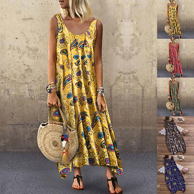 #ad #ad Women Plus Size Boho Floral Maxi Dress Sleeveless Holiday Beach Baggy Sundress $17.45