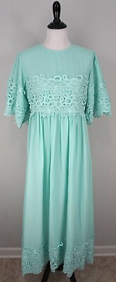 #ad VINTAGE Blue Turquoise Floral Wide Short Sleeve Long Pleated Spring Dress XL $49.99