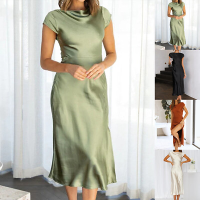 #ad Women#x27;s Elegant Cocktail Party Midi Dress Short Sleeve Sexy Split Dress Clubwear $24.11