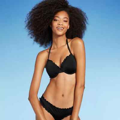 Women#x27;s Lightly Lined Ruffle Bikini Top Shade amp; Shore Black Size 34DD $15.97