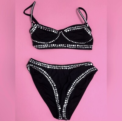 #ad Black Studded S B Cup Bikini Swimsuit 2 Piece Underwire Bra Bathing High leg $18.00