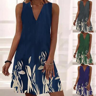 #ad Womens Printed V Neck Sleeveless Mini Dress Ladies Summer Holiday Short Sundress $24.19