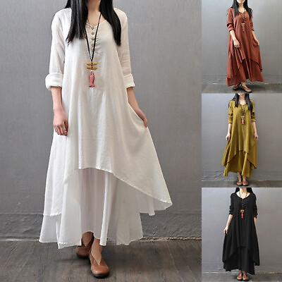 #ad Womens Casual Kaftan Tunic Gypsy Maxi Dress Long Sleeve Cotton Linen Boho Dress $18.35