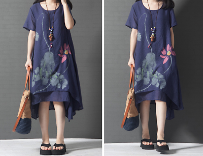 #ad Women Cotton Linen Clothing Floral Irregular Hem Maxi Dress Short Sleeve Pockets $10.99