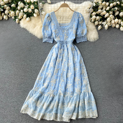 #ad Ladies Tea Dress Lace Embroidery Square Neck A line Midi Summer Party Holiday $48.44