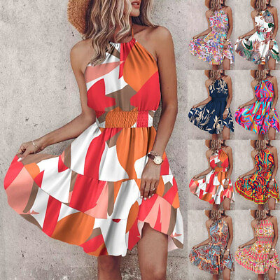 #ad Ladies Summer Beach Boho Dresses Holiday Cold Shoulder Halter Neck Mini Dress US $21.29