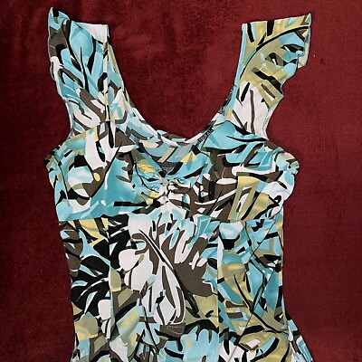 #ad Tribal Sleeveless Maxi Dress Blue Green Tropical Pattern w Ruffle Size L $40.00