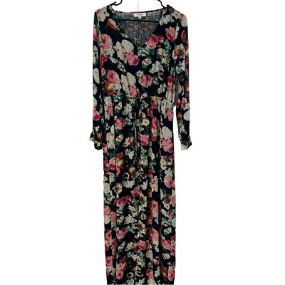 #ad Umgee Long Sleeve Floral Maxi Dress Front Slit Drawstring Waist Black SZ Large $25.60