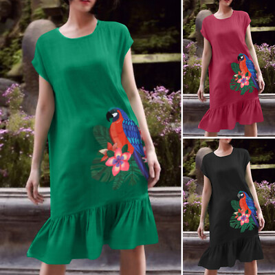 #ad Vintage Women Printed Short Sleeve Summer Sundress Holiday Loose Mini Dress Plus $18.99