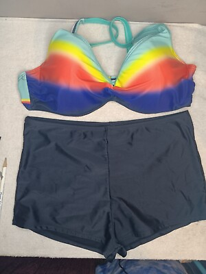 #ad 2 piece Multicolor Bikini Boy Shorts Bottom Shoulder Strap Style Top $9.00