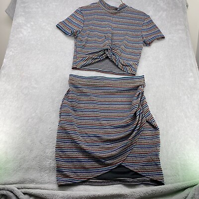 Style Rack 2 Piece Striped Crop Top and Skirt Set Sz M Rainbow Rhinestones Gray $19.99