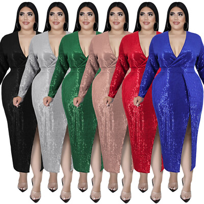 #ad New Plus Size Women Long Sleeves V Neck Slit Bodycon Sequin Evening Dress $37.26