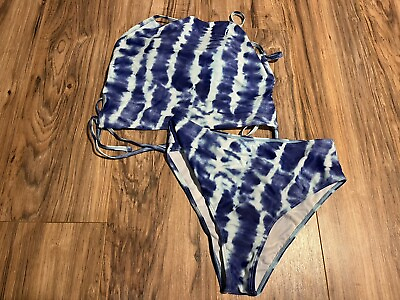 #ad Romwe Womens Blue Tie dye 2 piece Bikini Crisscross Back Large NEW $12.99