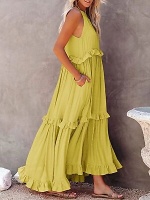 #ad Ruffled Sleeveless Maxi Dress with Pockets $39.99
