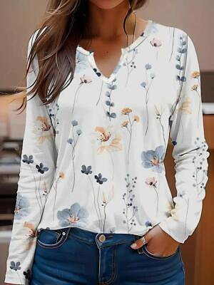 #ad Boho Women Flower Graphic White Floral Notched Neck T Shirt Long Sleeve Fashion $21.98
