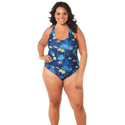 #ad Nichole Miller Studio blue Floral One Piece Racerback Swimsuit plus size 3X NWT $17.75