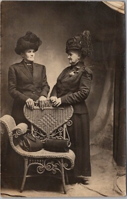 #ad 1910s Studio Photo RPPC Postcard 2 Older Women Black Dresses Large Hats Fashion $6.00