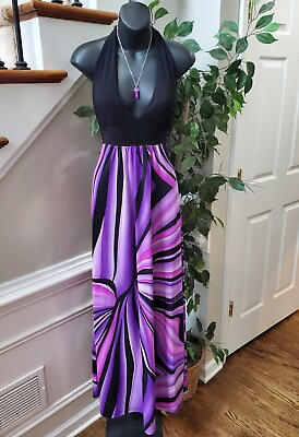 #ad Kiwi Women#x27;s Black Purple Polyester Halter Neck Sleeveless Long Maxi Dress Large $28.00