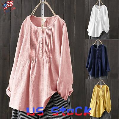 #ad Womens Cotton Linen Shirt Blouse Casual Loose Long Sleeve Pullover Top Plus Size $20.29