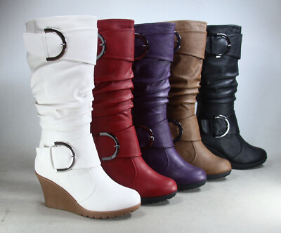 #ad #ad NEW Women#x27;s Buckle Zipper Wedge Mid Calf Knee High Zip Winter Boots Shoes $32.39