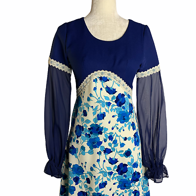 #ad Vintage 60s Handmade Floral Maxi Dress XS Blue Sheer Sleeves Lined Metal Zipper $104.95