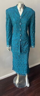 #ad Crochet 2 Piece Set Teal Blue Formal Wedding Party Midi Skirt Suit 12 $56.00