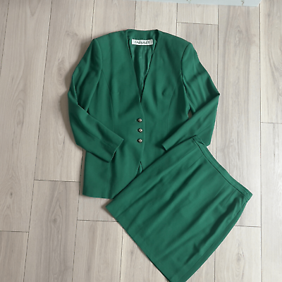 #ad TAHARI Vintage Wool Skirt Suit Set Womens Blazer sz 12 Skirt Green sz 10 $84.15