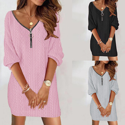 #ad Women#x27;s Zip V Neck Knit Jumper Mini Dress Long Sleeve Casual Baggy Party Dresses $17.47