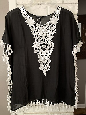 #ad #ad Black Semi Sheer Swim Beach Cover up Size S M White Lace and Tasseled Trim $5.91