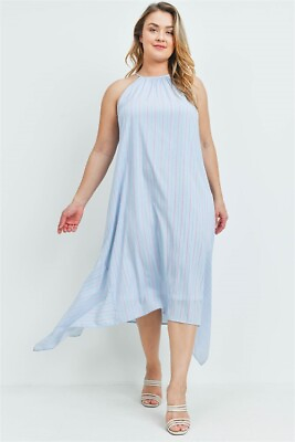 #ad Womens Plus Size Blue Stripe Midi Maxi Dress 1XL Halter Neckline $29.95