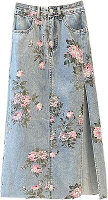 #ad Women Floral Print Long Denim Jean Skirt Printed Midi A Line Skirt Side Slit Den $17.99