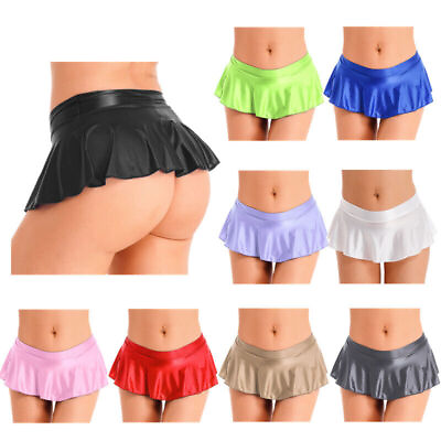 #ad US Women Sexy Glossy Low Rise Mini Skirt Ruffled Flared Micro Role Play Clubwear $7.18