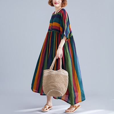 #ad Women Rainbow Plain Long Maxi Dress Cotton Blend Beach Loose Baggy Breathable $35.29