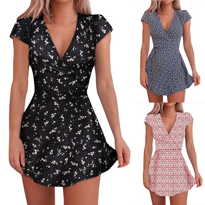 ❤️ Womens Floral Print Wrap V Neck Mini Dress Summer Party Short Sleeve Sundress $7.59