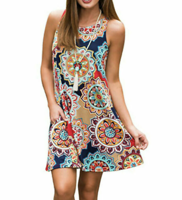 #ad Unbranded Boho Floral Pockets Mini Dress Casual Sleeveless Size Large $24.74