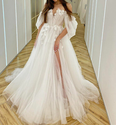 #ad Fairy Sweetheart Neck Boho Bride Wedding Dress Flowers Puff Sleeve Bridal Gowns $149.00