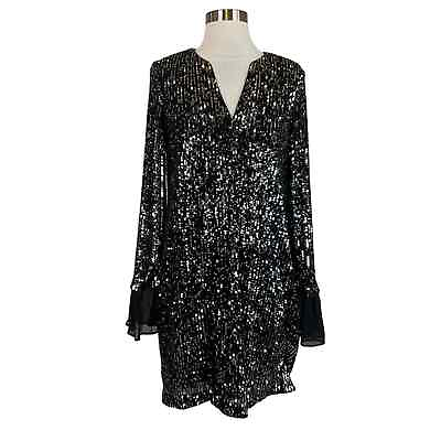 #ad Calvin Klein Women#x27;s Cocktail Dress Size 16 Black Sequin Long Sleeve Mini Shift $59.99