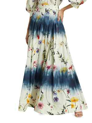 $1590 NEW Oscar de la Renta Floral A Line Maxi Skirt Ecru Blue Ivory Pleats XS S $595.00