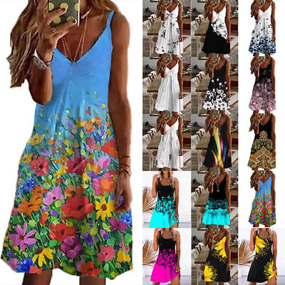 Women#x27;s Boho Floral Strappy V Neck Sundress Ladies Holiday Beach Mini Tank Dress $35.70