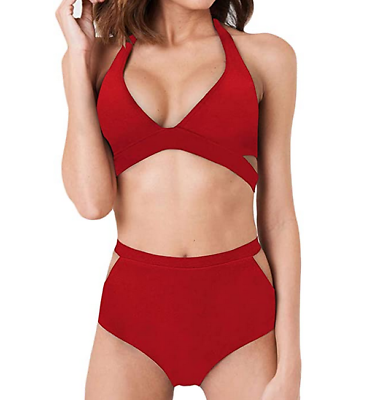 #ad HAPCOPE Women#x27;s Size Large Red Halter Bandage Bikini Set High Waisted Swimsuit $18.00