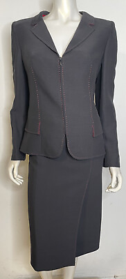 #ad Valentino Boutique Black Skirt Suit Womens 8 Wool Blend Red Stitching Jacket $441.33