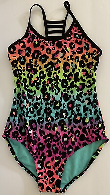 #ad Xhilaration Girls Neon Animal Print Swimsuit One Piece Bathing Suit Size 10 12 $7.99